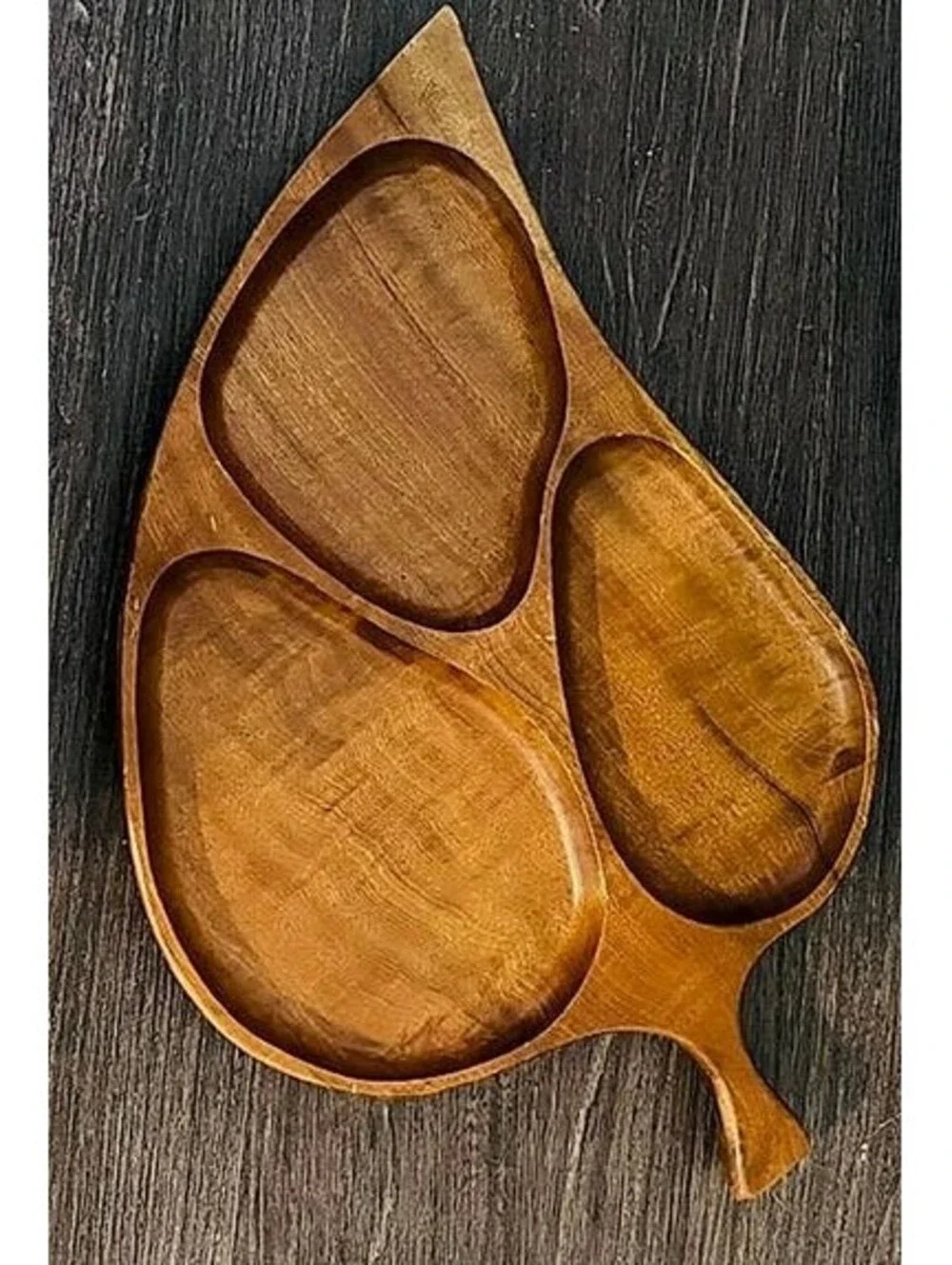 Vintage Hand Carved Monkey Pod Wood Leaf Shaped 3 Section Divided Serving Tray